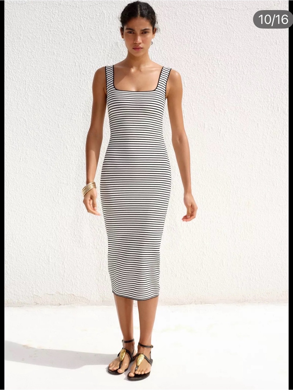 Zara Black and White Striped Square-Neck Midi Dress